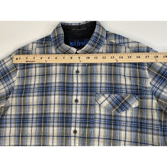 Kuhl Stallion Button Up Short Sleeve Shirt Men’s M Blue White Plaid Seersucker - Picture 16 of 16
